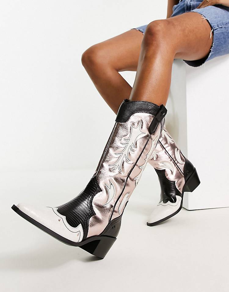 Stradivarius contrast toe metallic detail western boots in pink